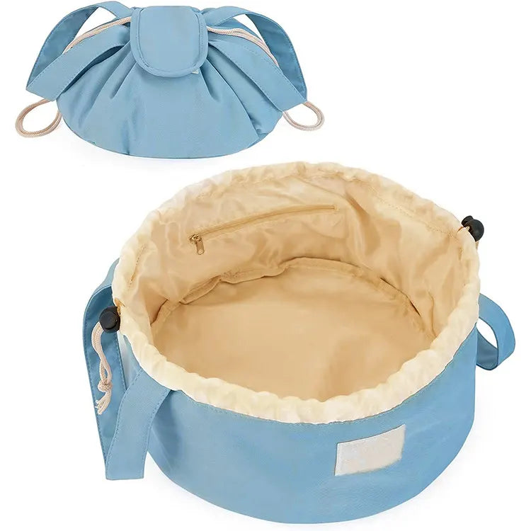 Blue New Large Capacity Portable Drawstring Makeup Bag - Travel Toiletry Bag with Fashionable Cosmetic Brush Storage