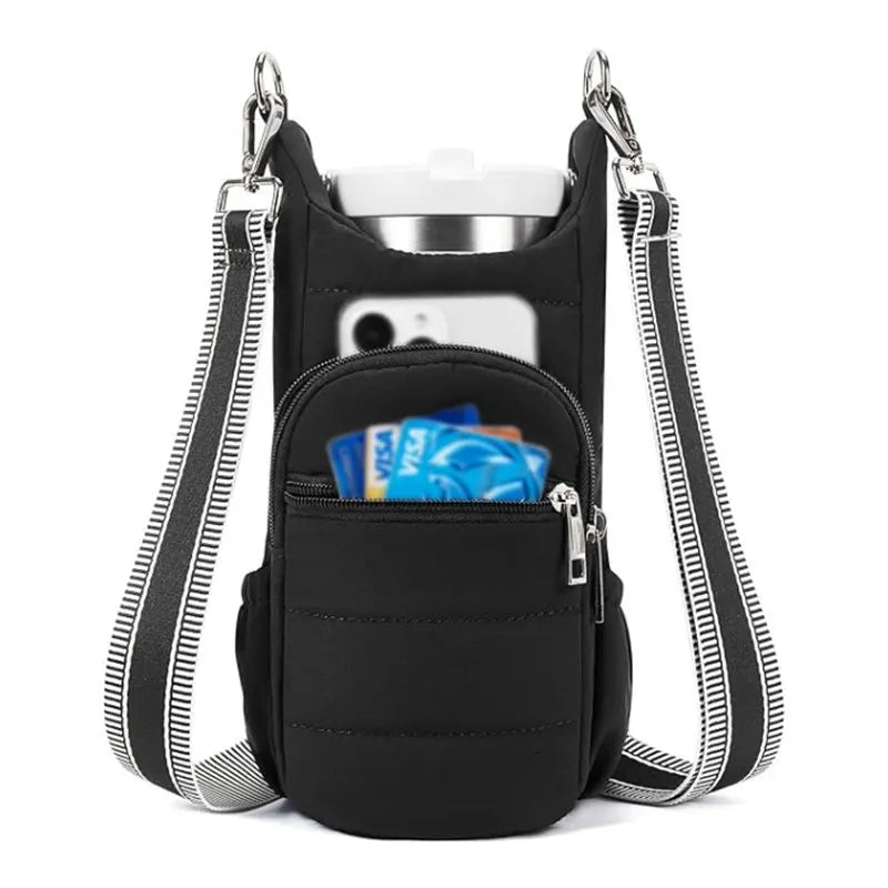 Black Women's Crossbody Water Bottle Bag-Perfect for Hiking and Cycling
