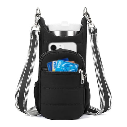 Black Women's Crossbody Water Bottle Bag-Perfect for Hiking and Cycling