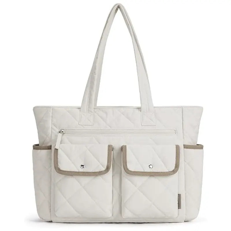 Beige Women's Multi-Pocket Tote Bag - Large Quilted Travel Handbag for Work, Gym, and More