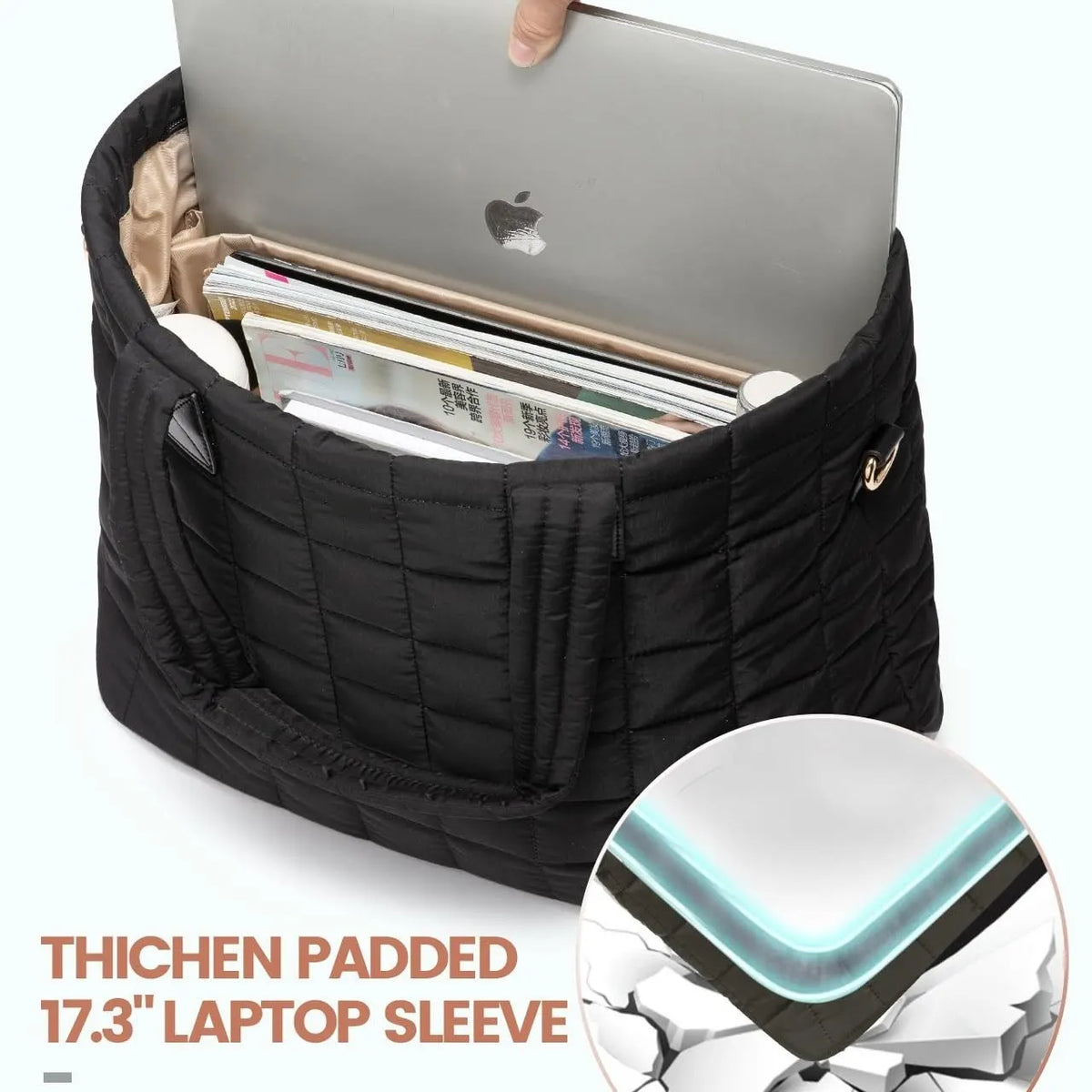 Black New Large Capacity Tote Bag - Fashionable Quilted Women's Shoulder Bag and Laptop Bag - Image 3
