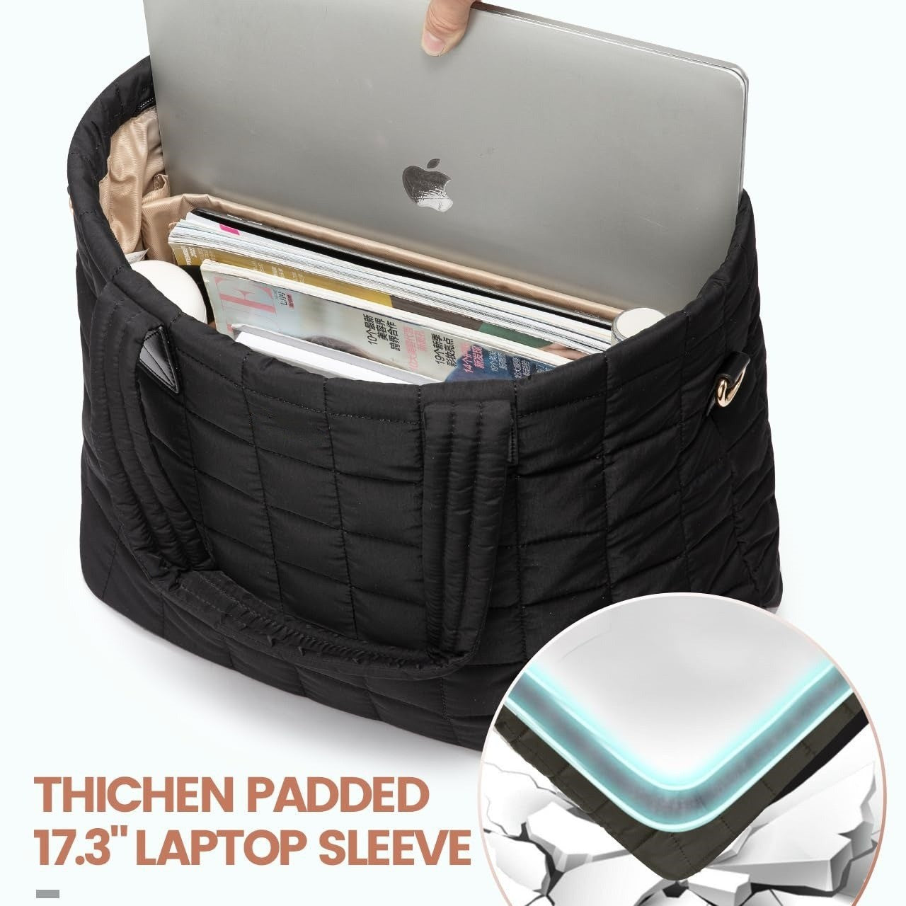 White New Large Capacity Tote Bag - Fashionable Quilted Women's Shoulder Bag and Laptop Bag - Image 3
