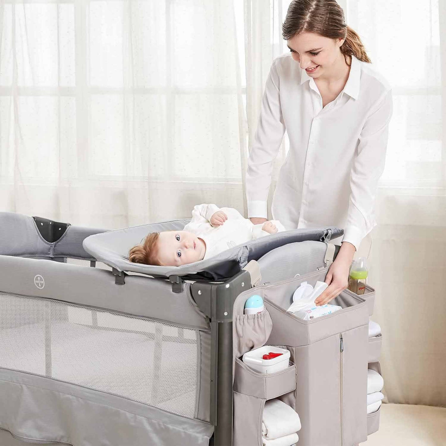 Beige Foldable Baby Crib Storage Hanging Bag - Large Capacity Organizer for Cribs and Changing Tables - Image 4