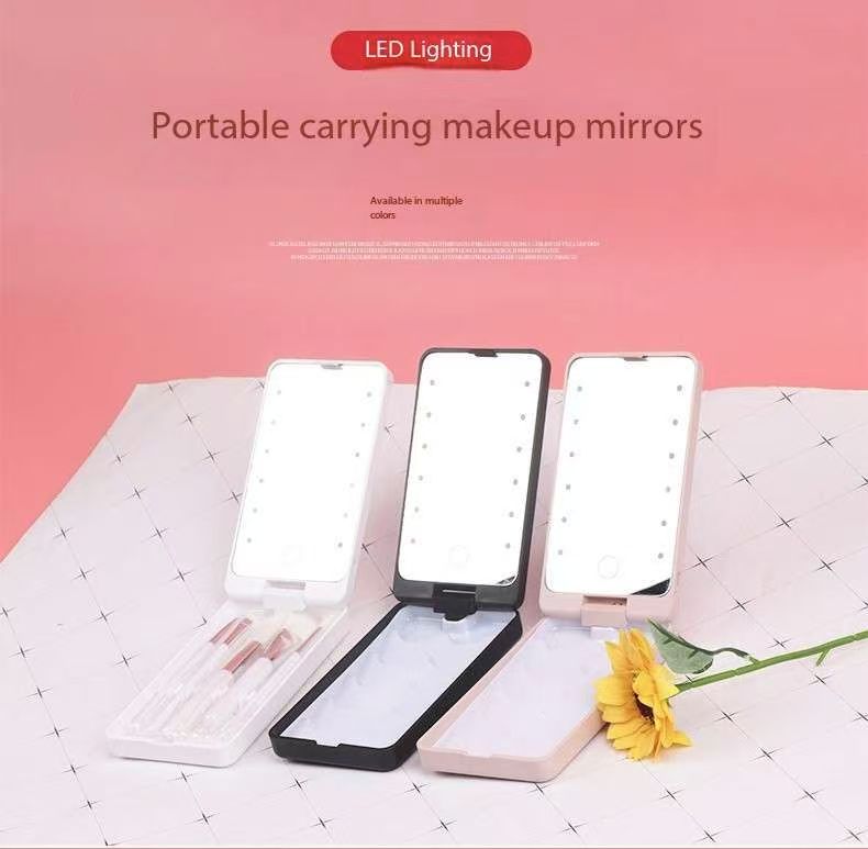 2-Piece Pink Portable LED Makeup Mirror with Brush - Foldable, Rotatable, and Rechargeable Travel Vanity Mirror - Image 2