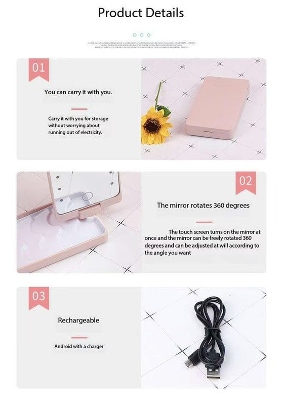 2-Piece White Portable LED Makeup Mirror with Brush - Foldable, Rotatable, and Rechargeable Travel Vanity Mirror - Image 4