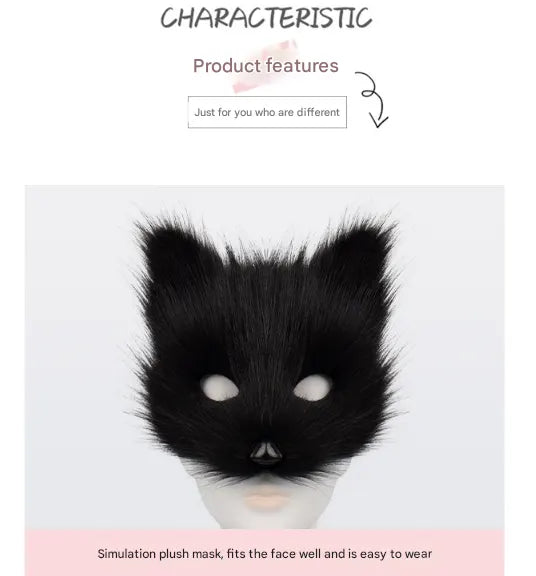 Black and white Halloween Furry Fox Costume Set - Plush Mask, Ears Headband, Tail, and Paws for Cosplay - Image 2