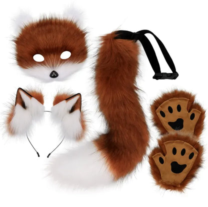 Reddish-brown Halloween Furry Fox Costume Set - Plush Mask, Ears Headband, Tail, and Paws for Cosplay