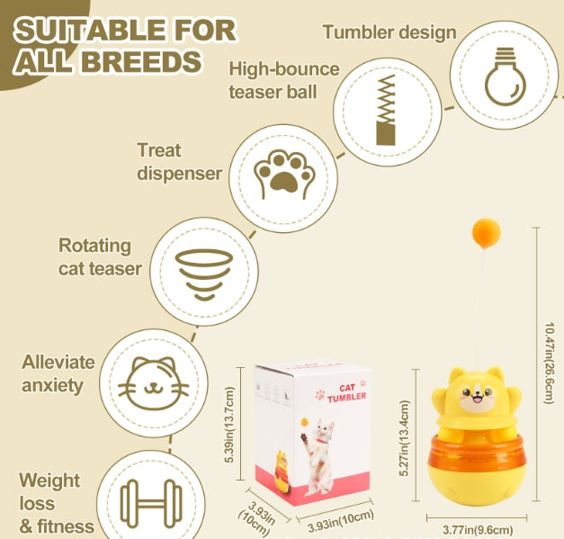 2-Piece Yellow Interactive Cat Tumbler Toy - 3-in-1 Treat Dispensing Puzzle Feeder with Ball Track & Teaser Wand - Image 3
