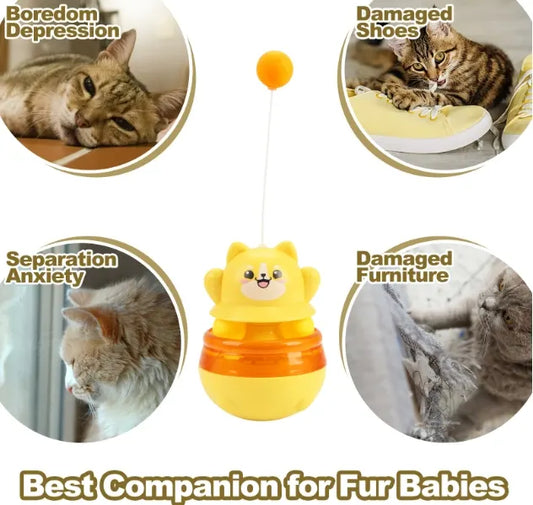 2-Piece Yellow Interactive Cat Tumbler Toy - 3-in-1 Treat Dispensing Puzzle Feeder with Ball Track & Teaser Wand - Image 4