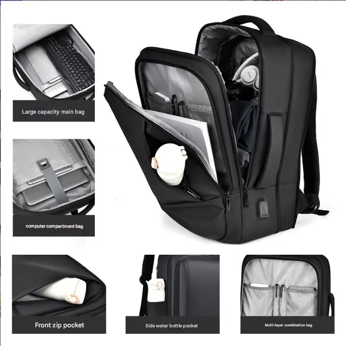 Black Expandable Business Laptop Backpack with USB Charging Port - Large Capacity Work & Travel Bag for 15.6 Inch Laptops - Image 3