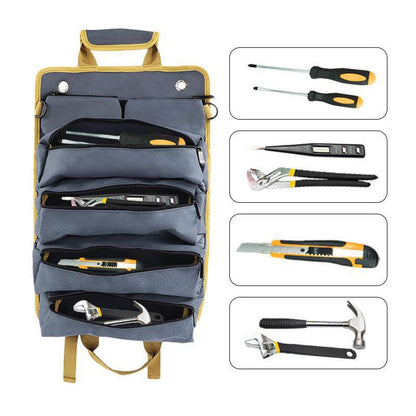Black Heavy-Duty Roll-Up Tool Bag Organizer - Waterproof 1200D Fabric with 6 Pockets & Detachable Pouches - Image 4
