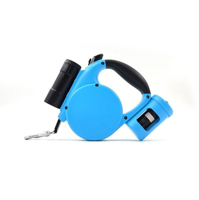 Blue 3-in-1 Retractable Dog Leash with LED Flashlight & Poop Bag Dispenser | Heavy Duty Tangle-Free Leash for Safe Night Walks