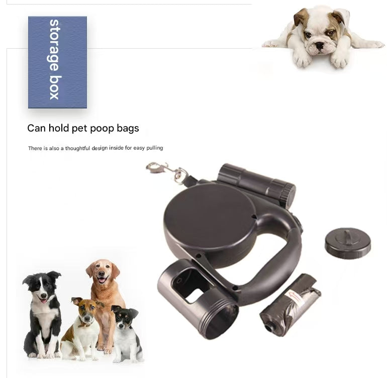 Grey 3-in-1 Retractable Dog Leash with LED Flashlight & Poop Bag Dispenser | Heavy Duty Tangle-Free Leash for Safe Night Walks - Image 4