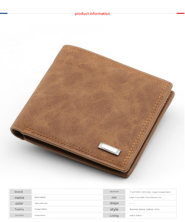 2-Piece Brown Men's Vintage Style Bifold Wallet | High-Capacity PU Leather with Removable Card Holder & Zip Coin Pocket - Image 3