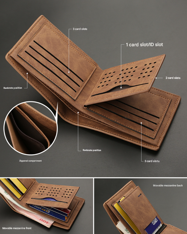 2-Piece Brown Men's Vintage Style Bifold Wallet | High-Capacity PU Leather with Removable Card Holder & Zip Coin Pocket - Image 4