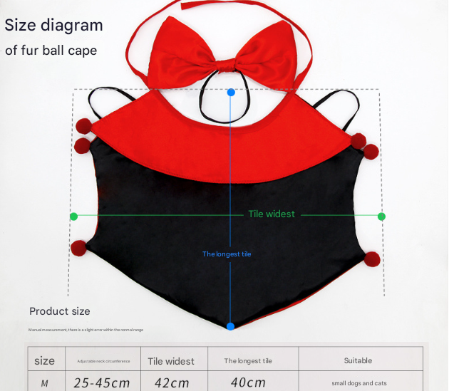Red Regal Vampire Pet Cape | Halloween & Christmas Costume Cloak with Bow & Pom-Poms for Dogs and Cats(Size M) - Image 3