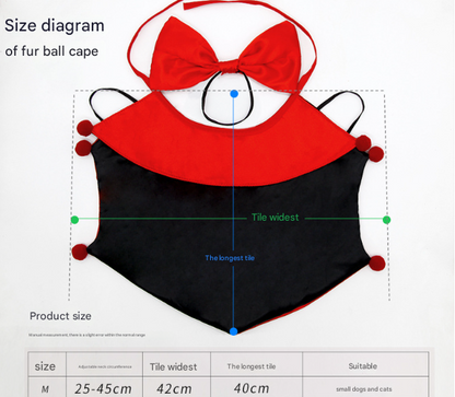 Red Regal Vampire Pet Cape | Halloween & Christmas Costume Cloak with Bow & Pom-Poms for Dogs and Cats(Size M) - Image 3
