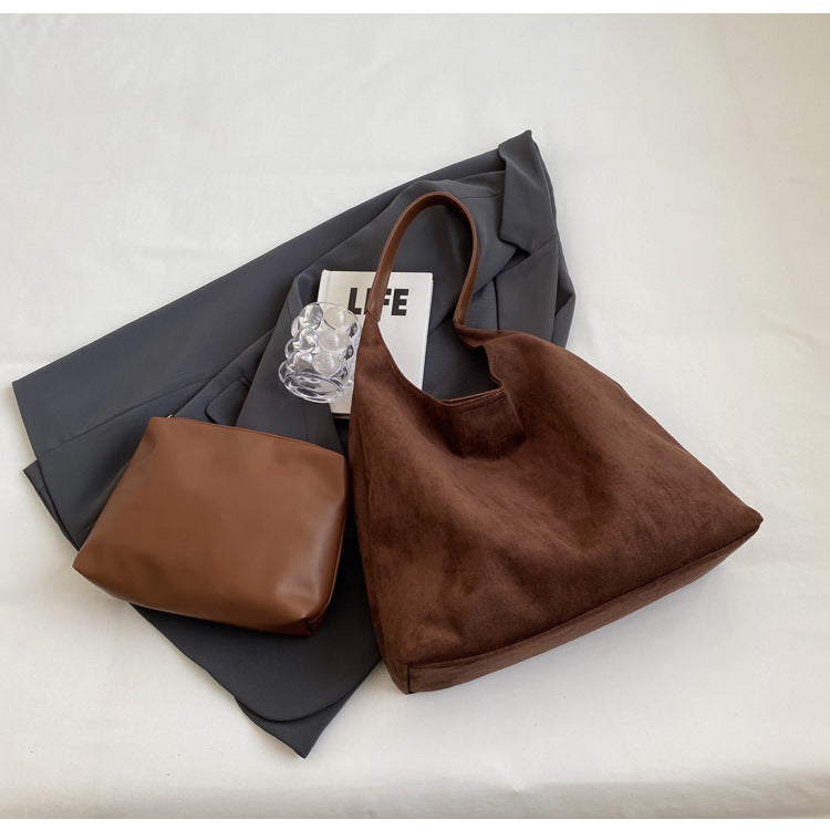 Beige Chic Faux Suede Tote Bag with Matching Pouch | Large Capacity Slouchy Shoulder Bag - Image 3