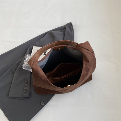 Brown Chic Faux Suede Tote Bag with Matching Pouch | Large Capacity Slouchy Shoulder Bag - Image 2