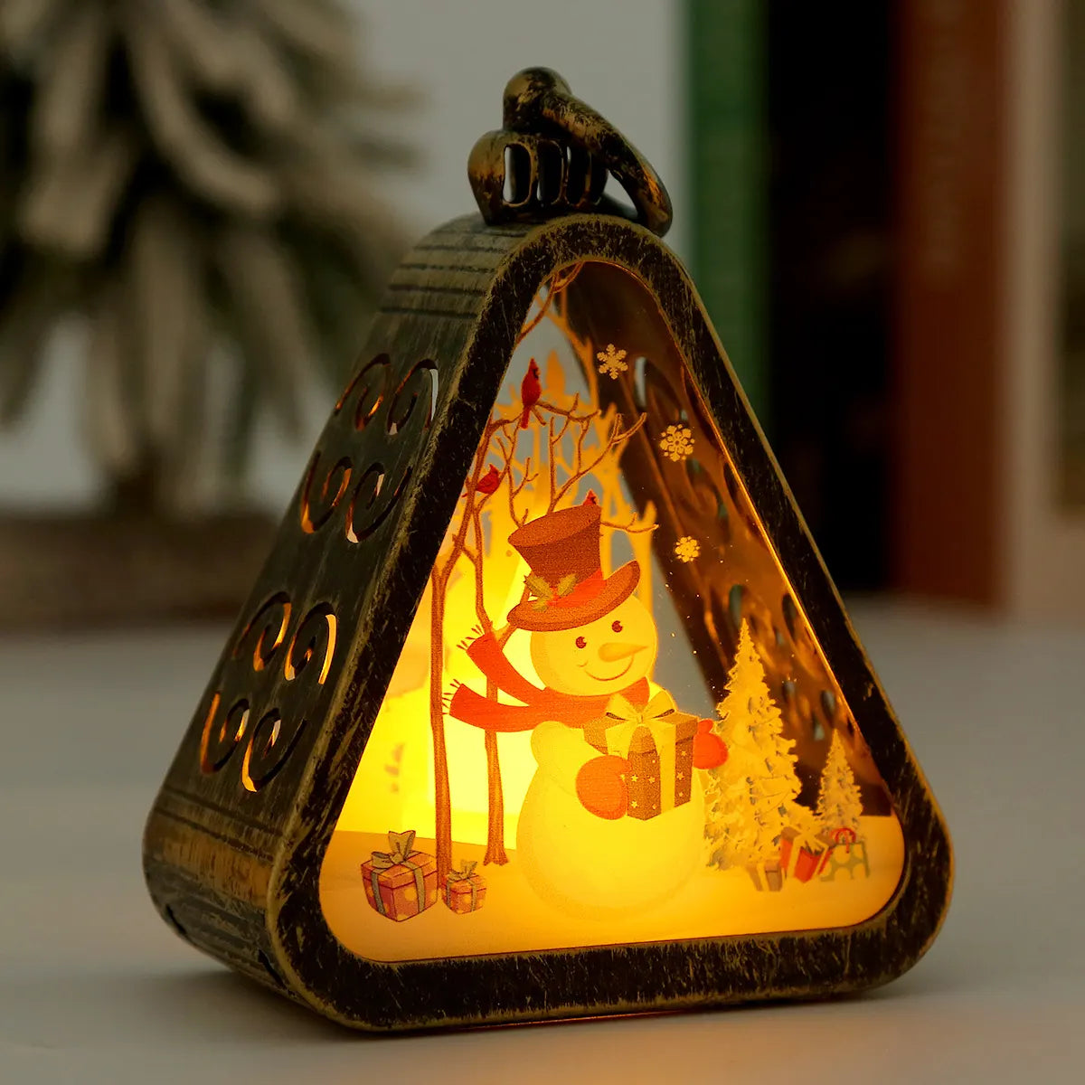 Bronze color Snowman Charming Christmas Scene Mini Lanterns (Set of 3) - Battery Operated LED Lights for a Cozy Holiday Glow