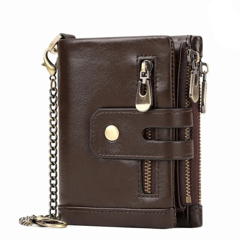Coffee Genuine Leather Men's RFID Blocking Wallet - High Capacity Trifold with Zipper Coin Pocket