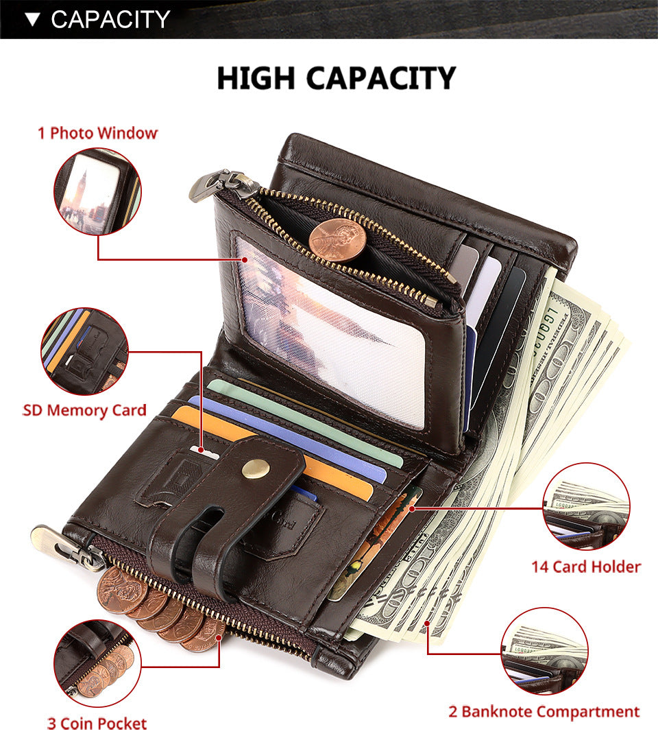 Coffee Genuine Leather Men's RFID Blocking Wallet - High Capacity Trifold with Zipper Coin Pocket - Image 2