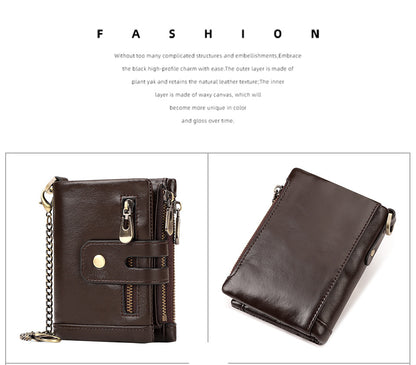 Coffee Genuine Leather Men's RFID Blocking Wallet - High Capacity Trifold with Zipper Coin Pocket - Image 3