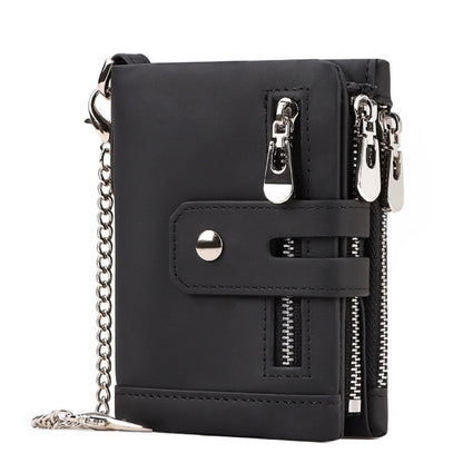 Black Genuine Leather Men's RFID Blocking Wallet - High Capacity Trifold with Zipper Coin Pocket