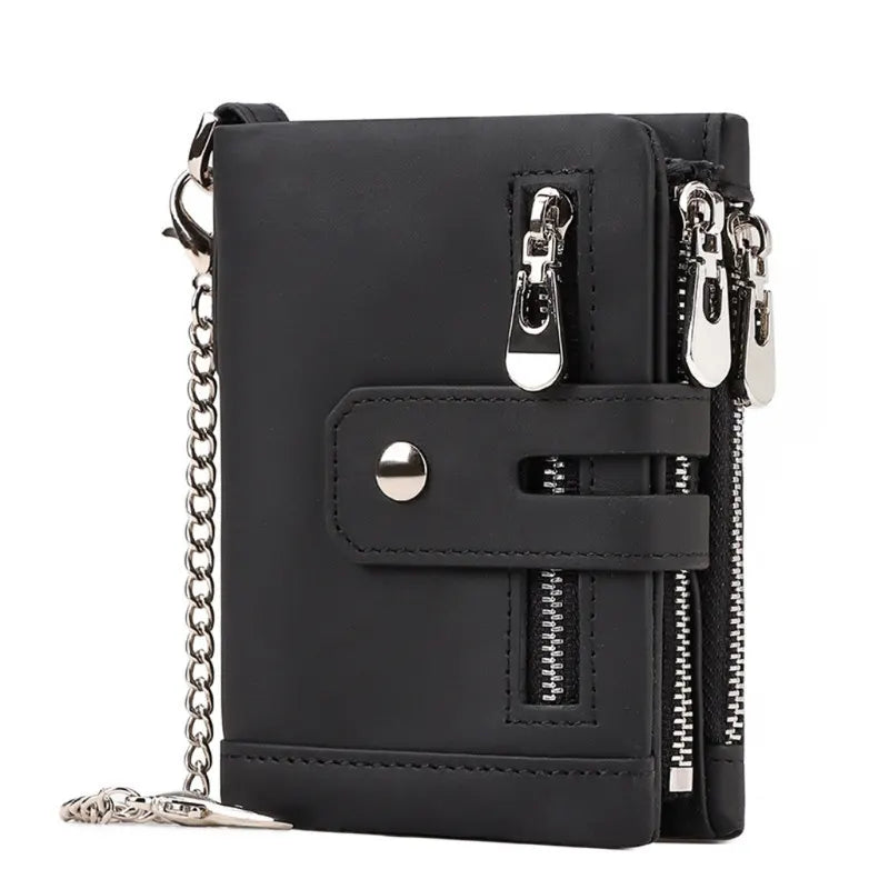 Black Genuine Leather Men's RFID Blocking Wallet - High Capacity Trifold with Zipper Coin Pocket