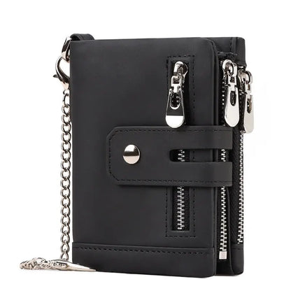 Black Genuine Leather Men's RFID Blocking Wallet - High Capacity Trifold with Zipper Coin Pocket
