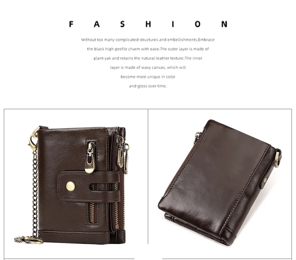 Black Genuine Leather Men's RFID Blocking Wallet - High Capacity Trifold with Zipper Coin Pocket - Image 3