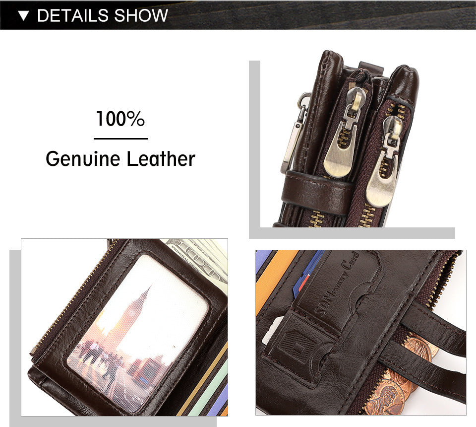 Brown Genuine Leather Men's RFID Blocking Wallet - High Capacity Trifold with Zipper Coin Pocket - Image 4