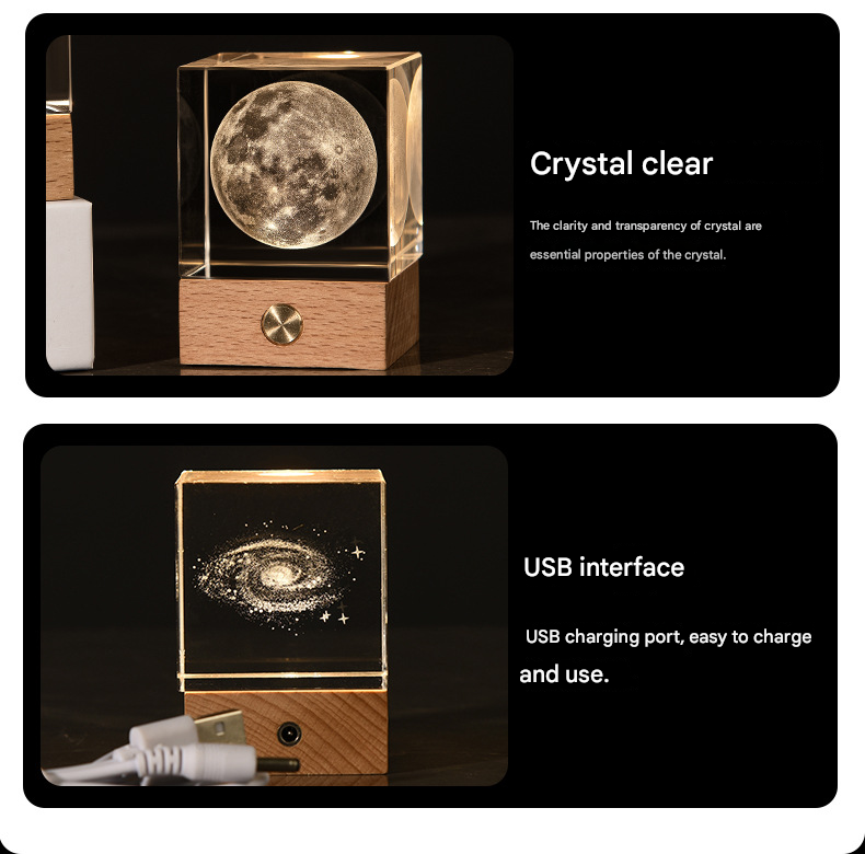The Moon Luminous 3D Crystal Cube Night Light - Laser Engraved Artwork with Solid Wood Base - Image 7