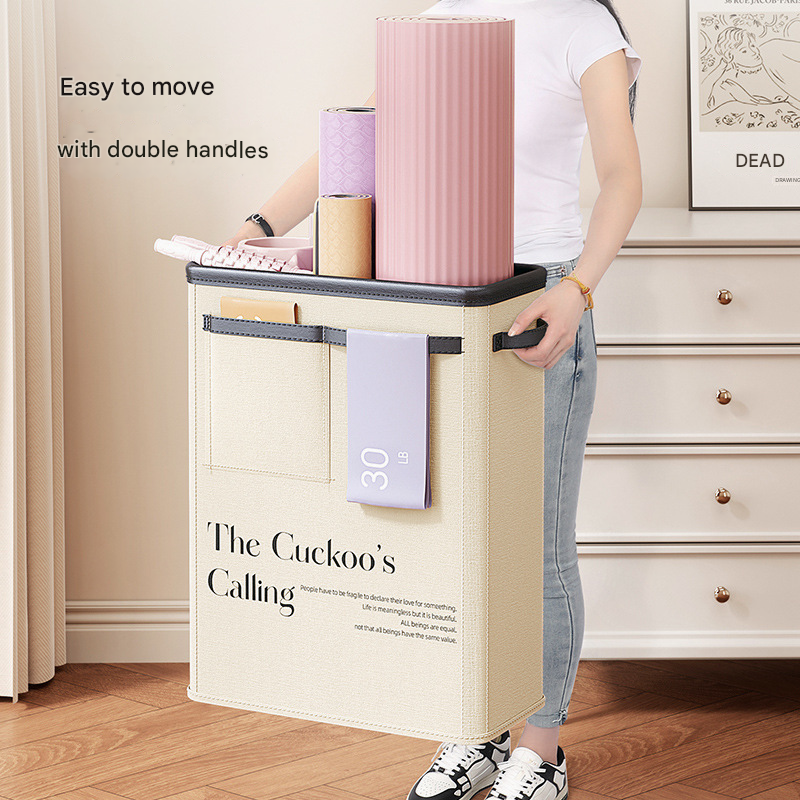 Beige Premium Fabric Yoga Mat Storage Basket - Slim & Foldable Organizer for Home Gym Equipment - Image 2