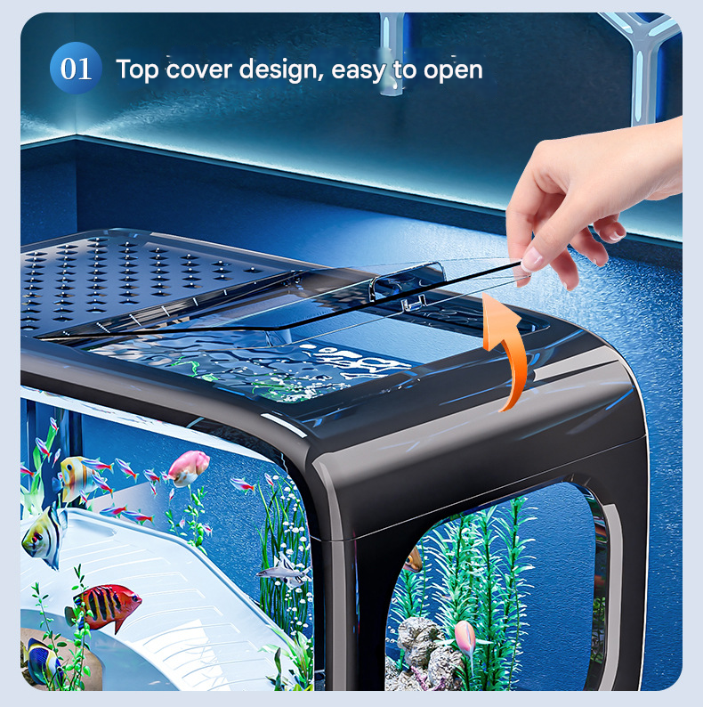Black  Modern Desktop Aquarium & Turtle Tank - Panoramic Viewing Fish Tank with Basking Platform & Lid - Image 3