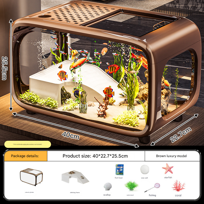 Brown  Modern Desktop Aquarium & Turtle Tank - Panoramic Viewing Fish Tank with Basking Platform & Lid
