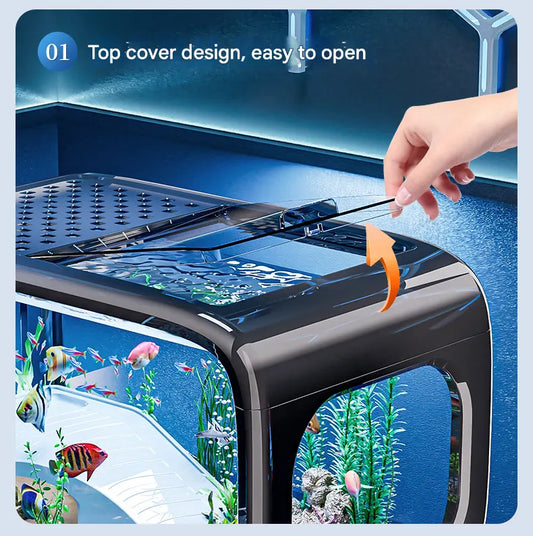Brown  Modern Desktop Aquarium & Turtle Tank - Panoramic Viewing Fish Tank with Basking Platform & Lid - Image 3