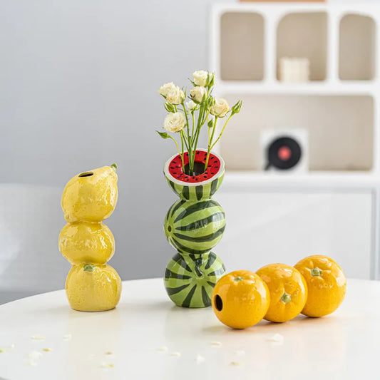 Watermelon Whimsical Stacked Fruit Ceramic Vase - Nordic Style Flower Holder for Modern Home Decor - Image 4