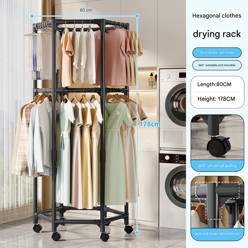 Black double layer  360° Rotating Portable Garment Rack - Heavy Duty Rolling Clothes Stand with Wheels for Bedroom & Laundry