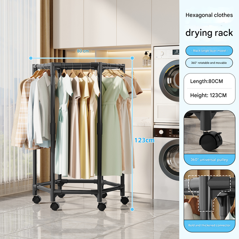Black single layer  360°Rotating Portable Garment Rack - Heavy Duty Rolling Clothes Stand with Wheels for Bedroom & Laundry