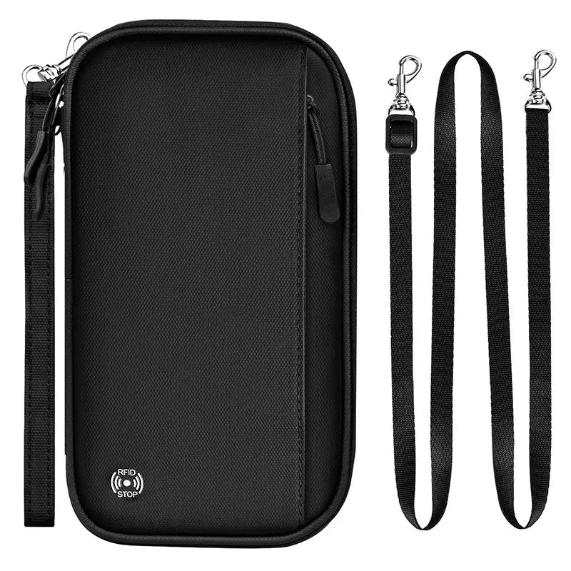 Black RFID Blocking Travel Wallet - Multi-functional Large Capacity Passport Holder & Card Organizer with Adjustable Strap for Men & Women