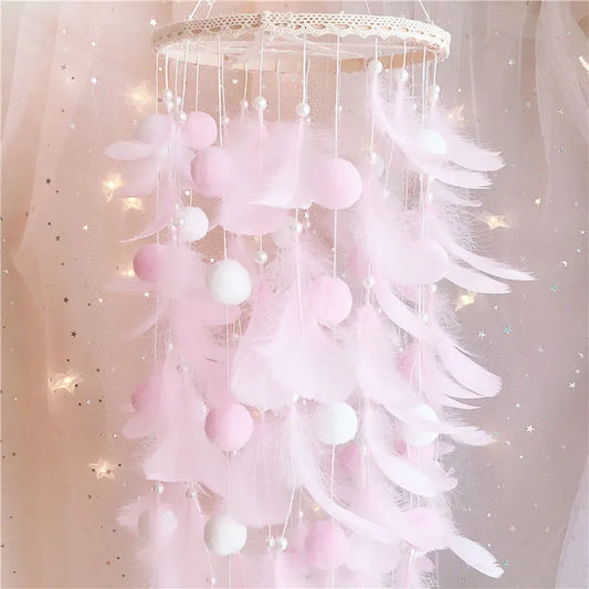 Pink Boho Pom Pom Feather Dreamcatcher - Whimsical Hanging Mobile for Girls Bedroom & Nursery Decor