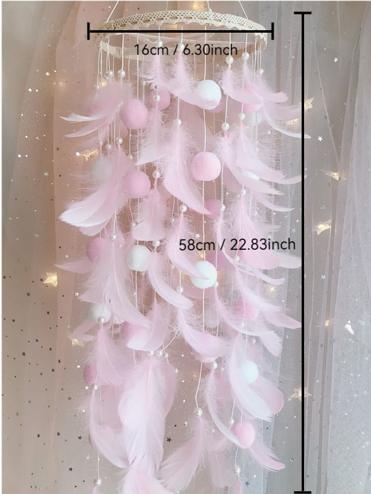Pink Boho Pom Pom Feather Dreamcatcher - Whimsical Hanging Mobile for Girls Bedroom & Nursery Decor - Image 4