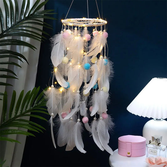 White Boho Pom Pom Feather Dreamcatcher - Whimsical Hanging Mobile for Girls Bedroom & Nursery Decor - Image 2