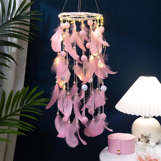 Colorful Boho Pom Pom Feather Dreamcatcher - Whimsical Hanging Mobile for Girls Bedroom & Nursery Decor - Image 3