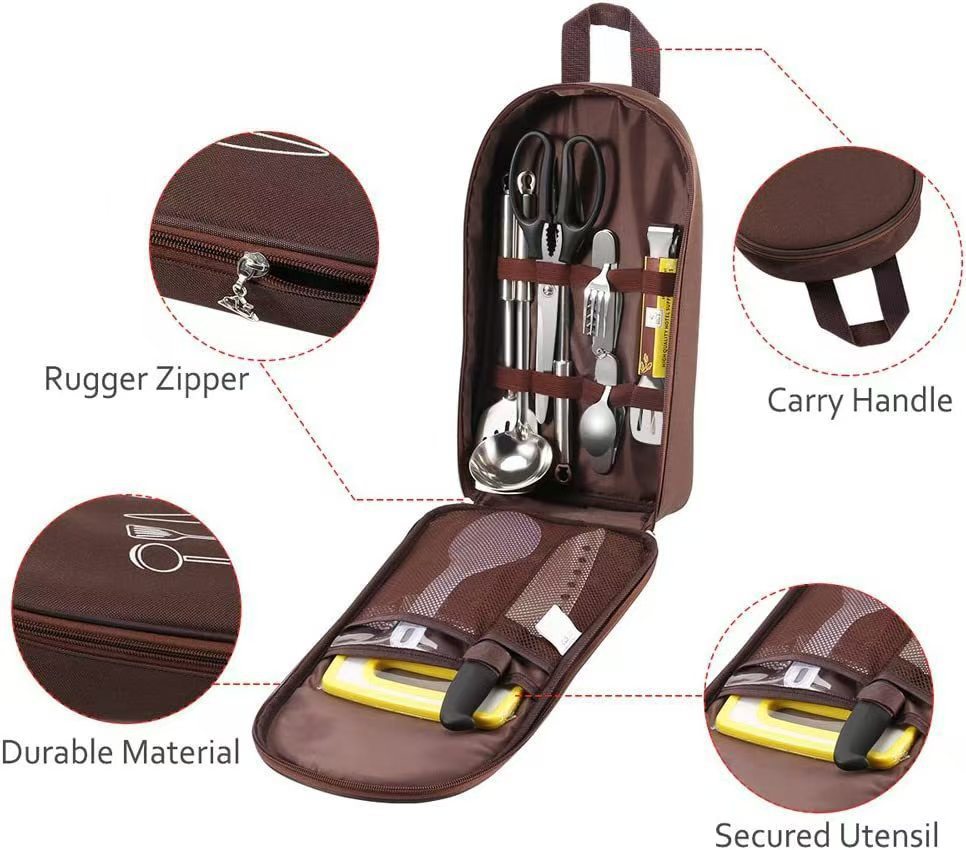 Khaki Portable Camping Kitchen Utensil Organizer - Travel Cookware Storage Bag for BBQ & Picnics - Image 3