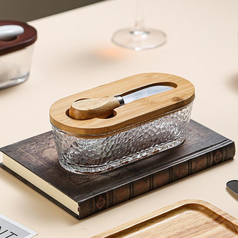 Brown - Hammer texture Elegant Glass Butter Dish with Wooden Lid & Matching Spreader - Sealed Butter Keeper for Freshness - Image 2