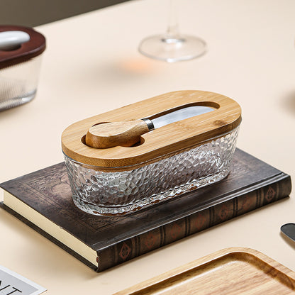 Brown - Hammer texture Elegant Glass Butter Dish with Wooden Lid & Matching Spreader - Sealed Butter Keeper for Freshness - Image 2