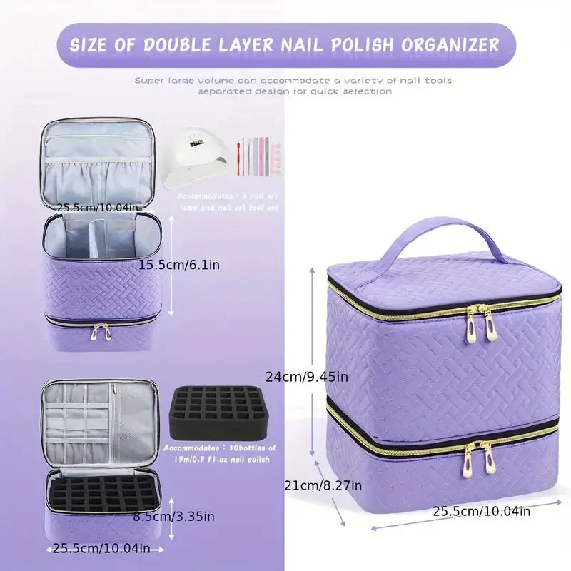 Black Professional Nail Polish Organizer Case for 30 Bottles & UV Lamp - Double-Layer Travel Storage Bag - Image 2