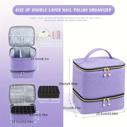 Purple Professional Nail Polish Organizer Case for 30 Bottles & UV Lamp - Double-Layer Travel Storage Bag - Image 2